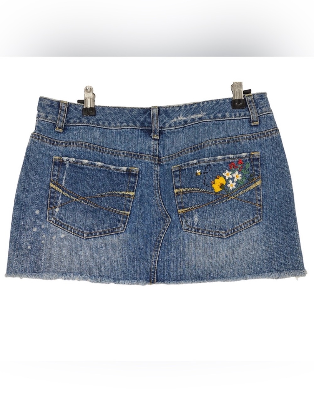 Embroidered Mini Denim Skirt Medium Wash Distressed Boho Floral